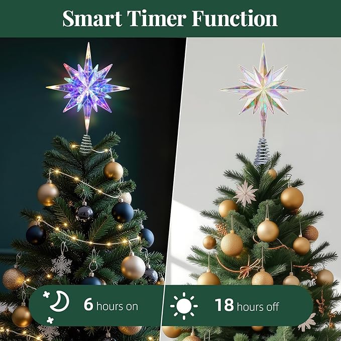 Lewondr Christmas Star Tree Topper, 15.35'' Christmas Tree Topper with 20 LED Bulbs, Remote and USB Operated Bethlehem Polaris Treetop for Home Decor, 6 Hrs Timer and 8 Modes Xmas Decor, Colored Light