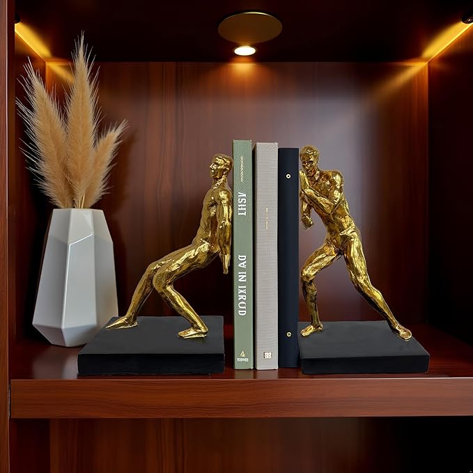 Golden Abstract Man Bookends Set of 2 – Heavy Duty Resin Sculpture Book Stoppers, Decorative Modern Book Ends for Home Office Bookshelf Organizer