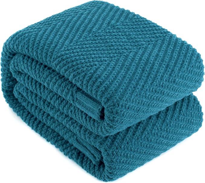Knitted Throw Blanket 60"X80", Teal Knit Throws for Bed, Super Soft Boho Chevron Blankets for Couch Sofa Chair Room Decor, Textured Decorative Farmhouse Cozy Lightweight