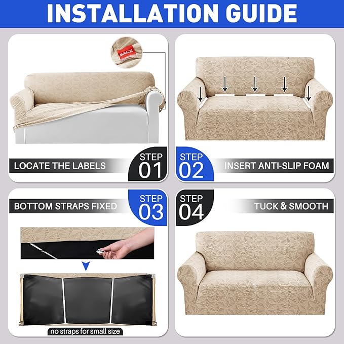 YEMYHOM 1 Piece Stretch Couch Covers for 3 Cushion Couch, Jacquard Sofa Cover with Non-Slip Elastic Bottom, Thickened Slipcover Furniture Protector for Dogs Pets (Large, Khaki）