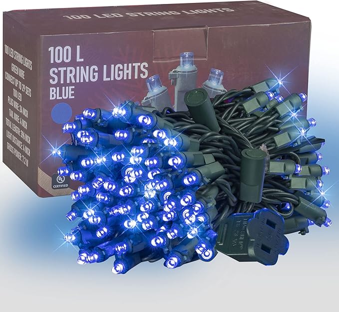Dazzle Bright 33FT 100 LED Christmas String Lights Indoor Outdoor Waterproof, Blue With Green Wire, Twinkle Plug-in for Tree Room Bedroom Wedding Decorations