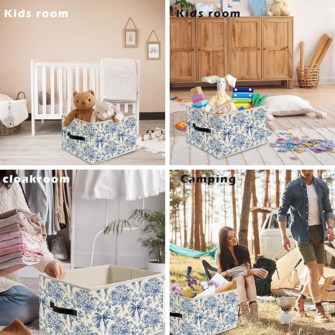 Blue and White Floral Bow Storage Bin Box with Handles, French Country Toile de Jouy Flower Foldable Organizer Basket Toybox for Girls Dorm Bedroom Bathroom Clothes Toys Books