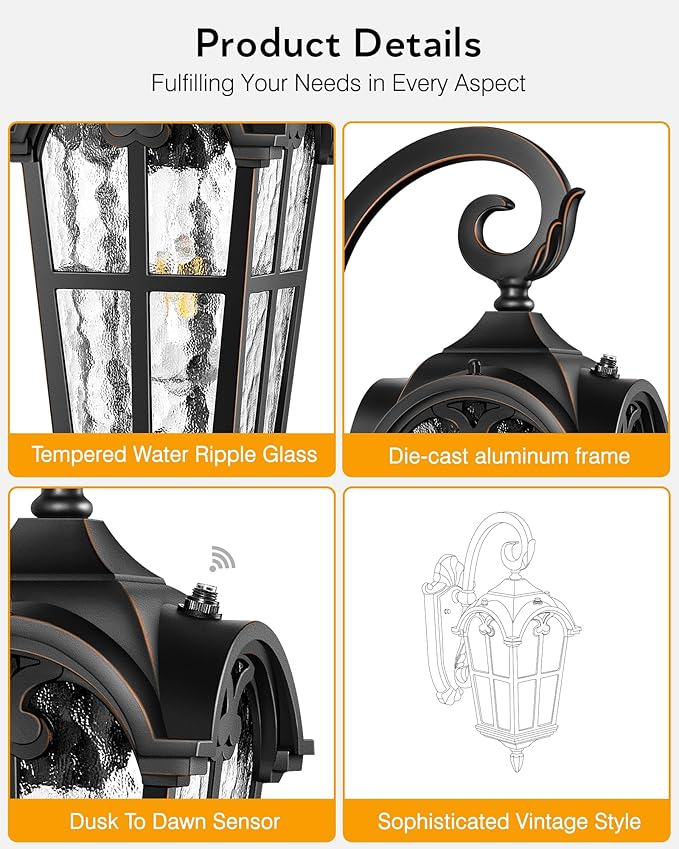 VIANIS Outdoor Lights for House, Black Dusk to Dawn Outdoor Lights with Gold Trim, 2-Pack Modern Outside Wall Light, Coach Lighting for Garage with Ripple Glass, Aluminum Waterproof and Anti-Rust