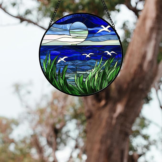 Stained Glass Window Hanging 4 Pcs Set Navy Blue Ocean Landscape 9.8" - Suncatcher Door Garden Sun Catcher Decor Birthday Mother's Day for Mom Woman Nana Girl Boy Friend