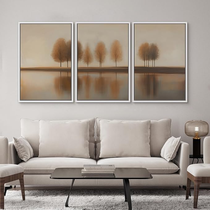 SIGNWIN Framed Canvas Print Wall Art Set Golden Autumn Trees by The Lake Tranquil Nature in Warm Earth Tones Illustrations Modern Art Decorative Zen for Living Room, Bedroom, Office - 24"x36"x3 White