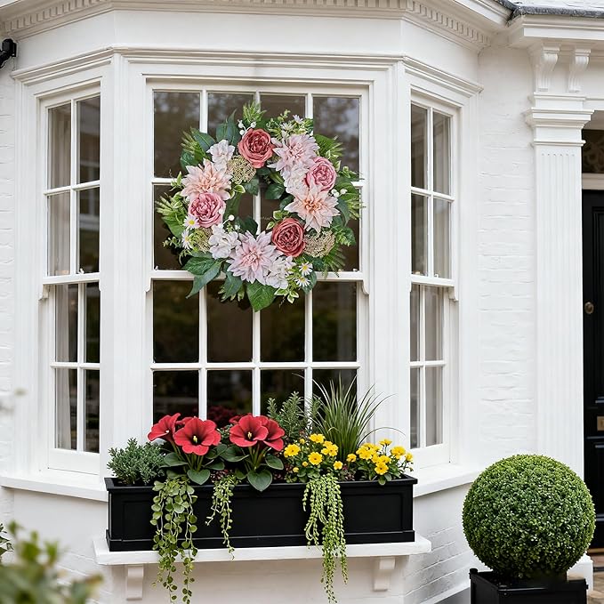 24 Inch Spring Wreath for Front Door with Roses Dahlias Silk Flowers with Berry Greenery for All Seasons Indoor Outdoor Porch Wedding Wall Farmhouse Porch Wall Living Room Home Widding Decor