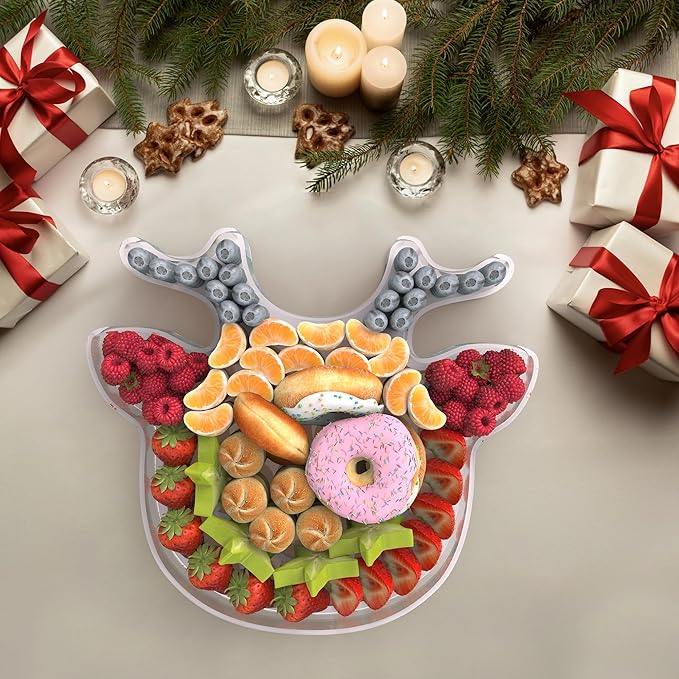 11" Christmas Elk Charcuterie Boards, Acrylic Reusable Serving Tray for Dessert Appetizer Display, Cute Reindeer Decorative Snack Platter for Xmas Party Table Decoration