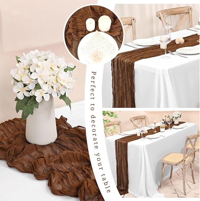 12 Pack Brown Cheesecloth Table Runner 10FT Cheese Cloths for Wedding Decor, 20x120inch Rustic Boho Gauze Table Runners for Wedding Party Bridal Shower Table Decoration