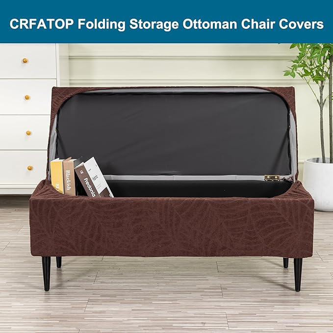 CRFATOP Waterproof Jacquard Ottoman Stool Cover Stretch Folding Storage Footstool Bench Slipcovers Upholstered Foot Chest Chair Covers Washable Entryway Furniture Protector with Elastic Bands,L,Coffee