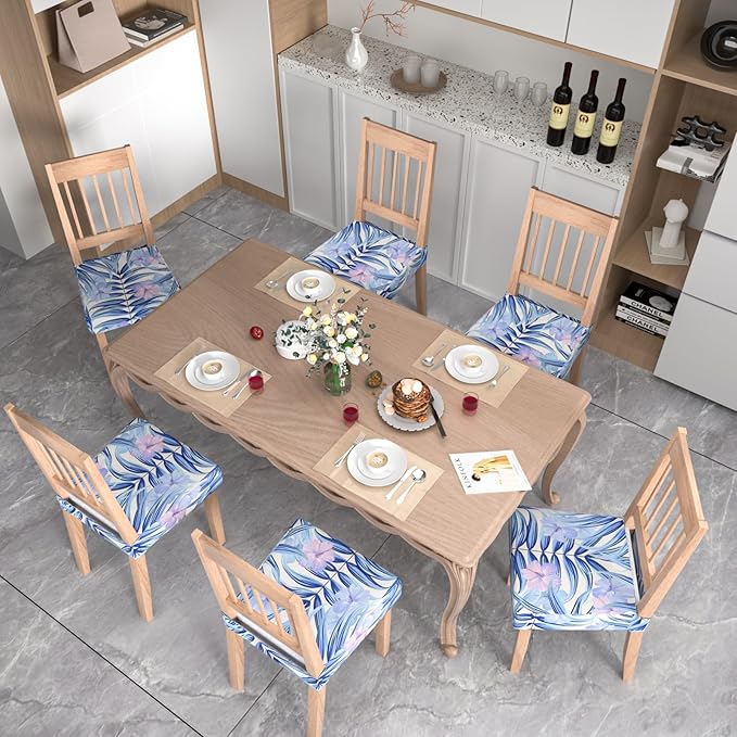 Stretch Dining Chair Seat Covers Set of 4,Dining Chair Slipcovers, Floral Printed Chair Covers,Soft Fabric Washable Upholstered Chair Seat Protector, No Rear Covers for Home Kitchen Dining Room