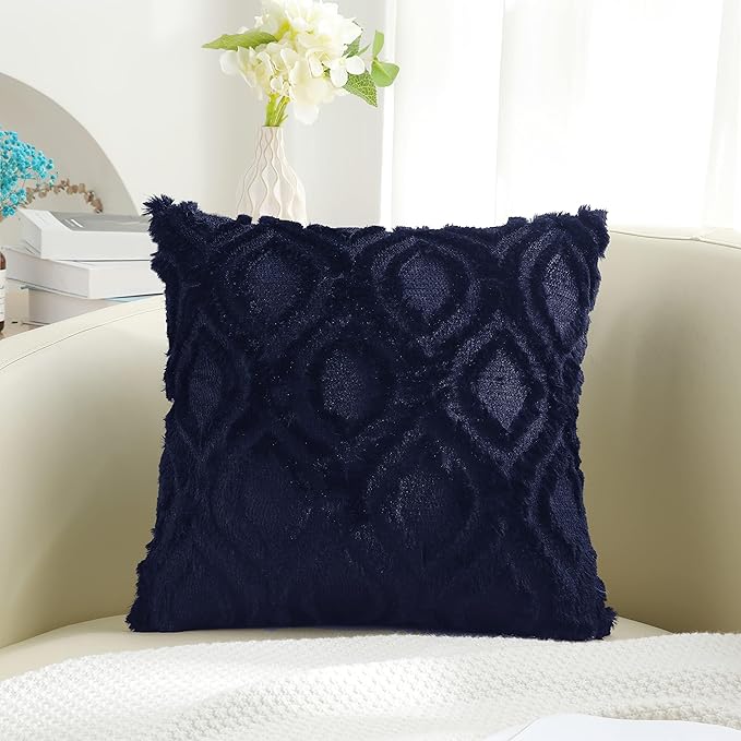 decorUhome Throw Pillow Covers 24x24 Inch Set of 2, Soft Plush Faux Wool Navy Blue Solid Couch Pillow Covers, Accent Farmhouse Neutral Square Pillow Cases for Sofa Bed Living Room
