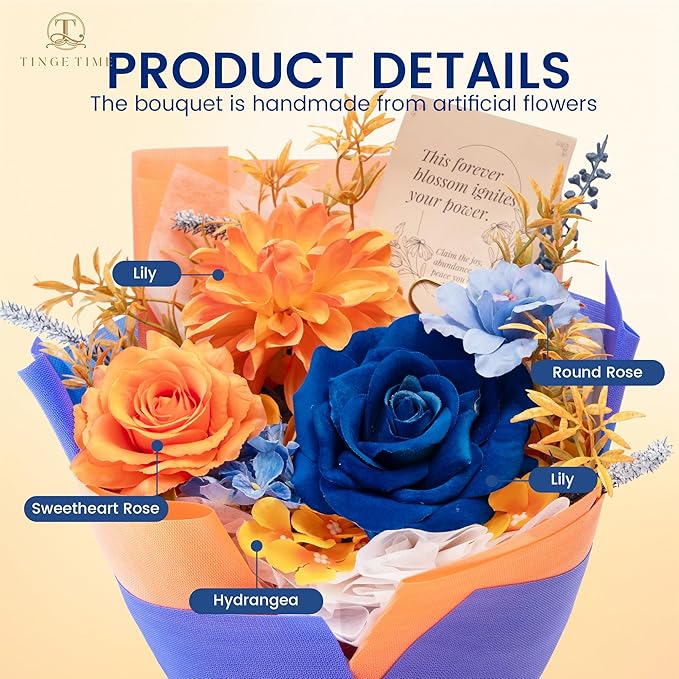 TINGE TIME Preserved Flowers Bouquet, Orange & Navy Blue Roses Gift Bouquet, Aritifical Flowers Gifts for Women, Eternal Roses Bouquet for Wife Anniversary Christmas Anniversary Home Décor