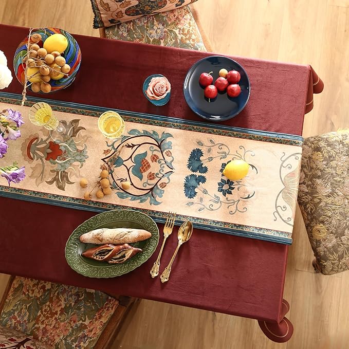 patdrea Designer Casual Wild Floral Velvet Table Runner 118 Inch Long, Brown Occult Bouquets Pattern Table Mat, Decoration for Kitchen Dining Coffee Table Cabinet Banquet Thanksgiving,12"*118"