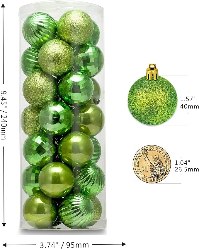 Small Size 28ct shatterproof Christmas Ball Ornaments in 4 Classic finishes for Christmas Tree Decoration (Lime Green, 1.57“ Mini Size)