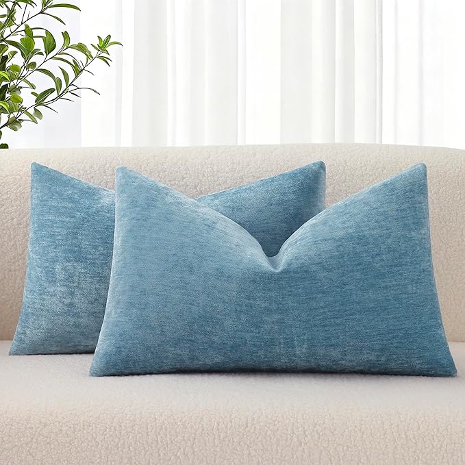 decorUhome Chenille Grey Blue Throw Pillow Covers 12x20 Inch Set of 2, Decorative Soft Couch Pillow Covers Solid Dyed Accent Farmhouse Neutral Rectangle Pillow Cases for Sofa Bed Living Room