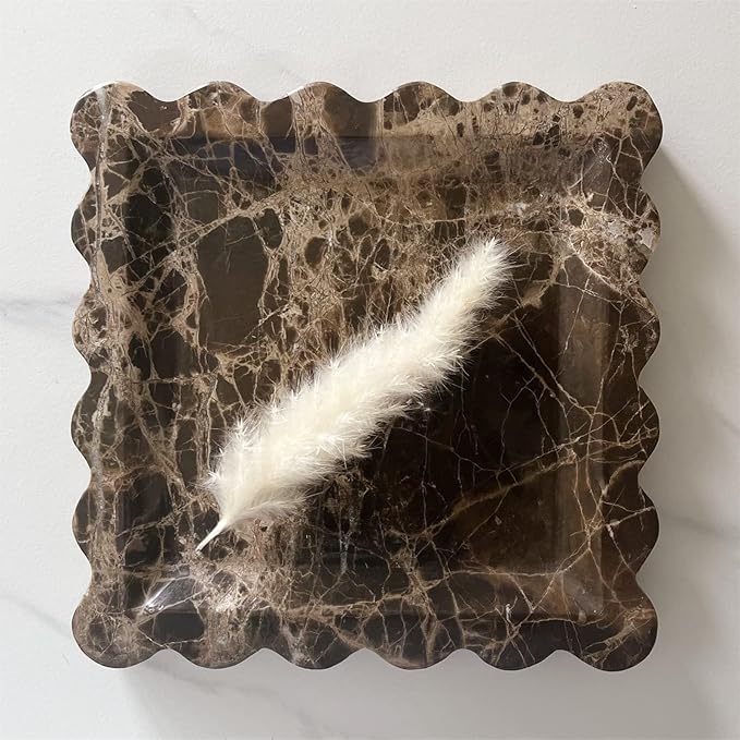 Vintage Natural Marble Tray Small Ornaments Scalloped Tray Handmade Storage Dish for Counter, Vanity, Dresser, Nightstand and Desk (Coffee Net)