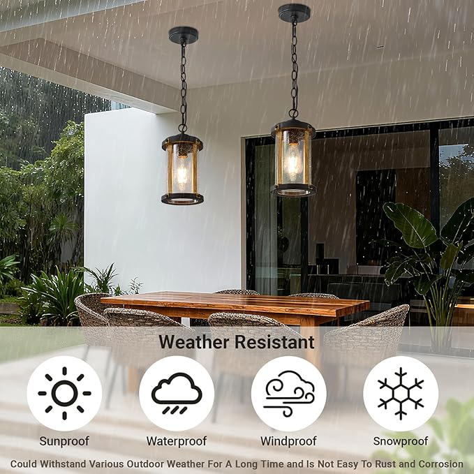 LOUSACE Farmhouse Outdoor Pendant Light for Porch, 1-Light Outdoor Chandelier Matte Black Aluminum with Clear Seeded Glass & Wood Grain, Exterior Hanging Pendant Porch Light Fixtures for Entrance, ETL