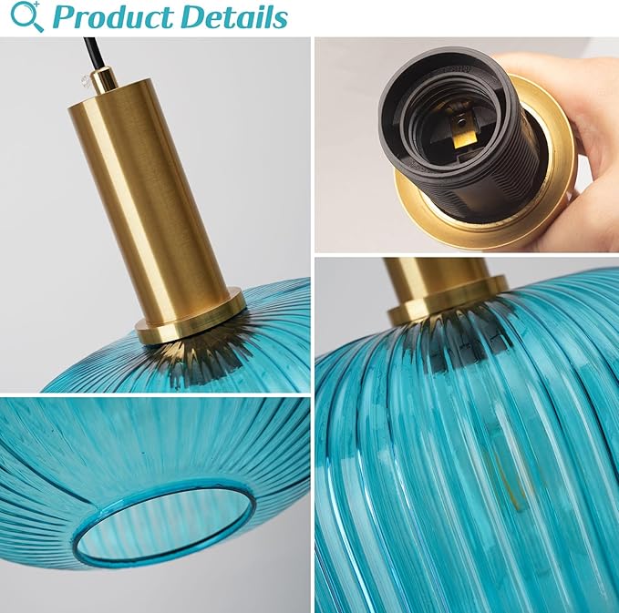 Blue Glass Hanging Lamp Plug in Pendant Light Fixture Ceiling Hanging Lights with Plug in Cord Mid Century Blue Glass Plug in Chandelier for Kitchen Island Bedroom Dining Room Living Room