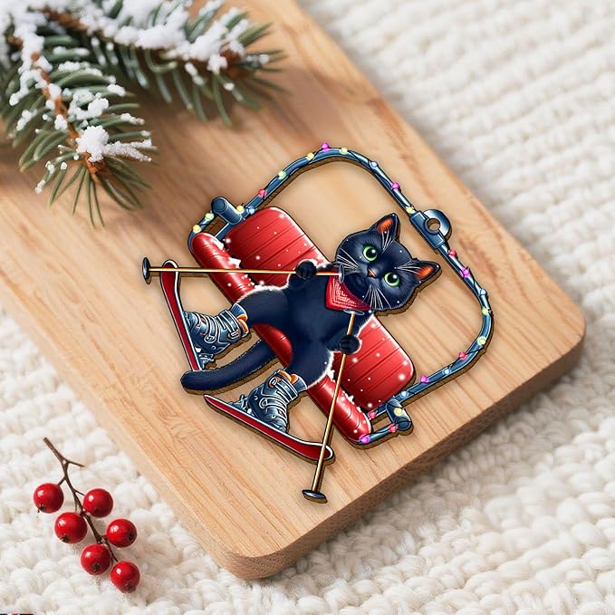 34HD Black Cat Christmas Ornament 2025 - Wooden Hanging Xmas Tree Ornament Decoration, Christmas Keepsake Gifts and Home Decor for Cat Lovers and Ski Fans