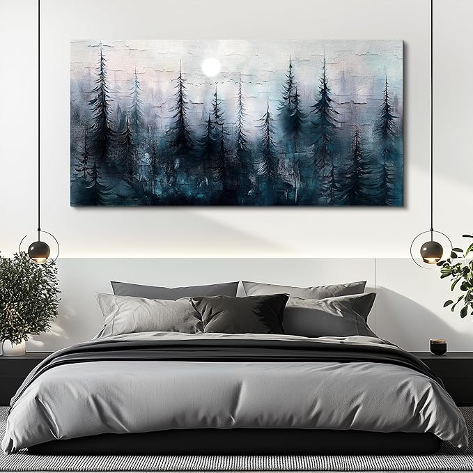 Large Wall Decor for Living Room Canvas Wall Art for Office Modern Wall Decorations for Bedroom Foggy Forest Landscape Paintings Black and White Pictures Artwork Room Home Decor 24"X48"