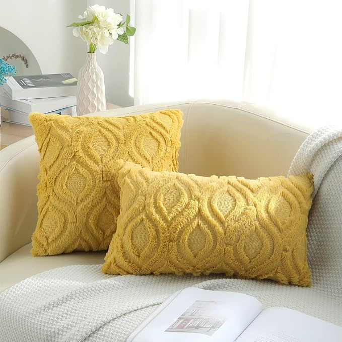 decorUhome Throw Pillow Covers 16x16 Inch Set of 2, Soft Plush Faux Wool Mustard Yellow Solid Couch Pillow Covers, Accent Farmhouse Neutral Square Pillow Cases for Sofa Bed Living Room