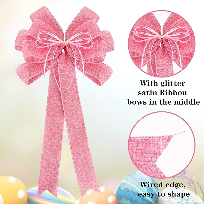 2 Pack Pink Christmas Tree Bows 12x20inch Large Burlap Wreath Bow with Glitter String for Christmas Tree Topper,Home Front Door Decor,Easter Bow, Valentines and Party Decor