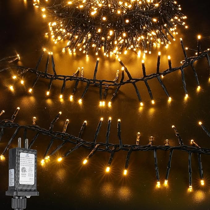 Christmas Cluster Lights Plug-in 49FT 600 LED Fairy String Lights, 8 Modes Timer Waterproof for Christmas Tree Party Decor Warm White