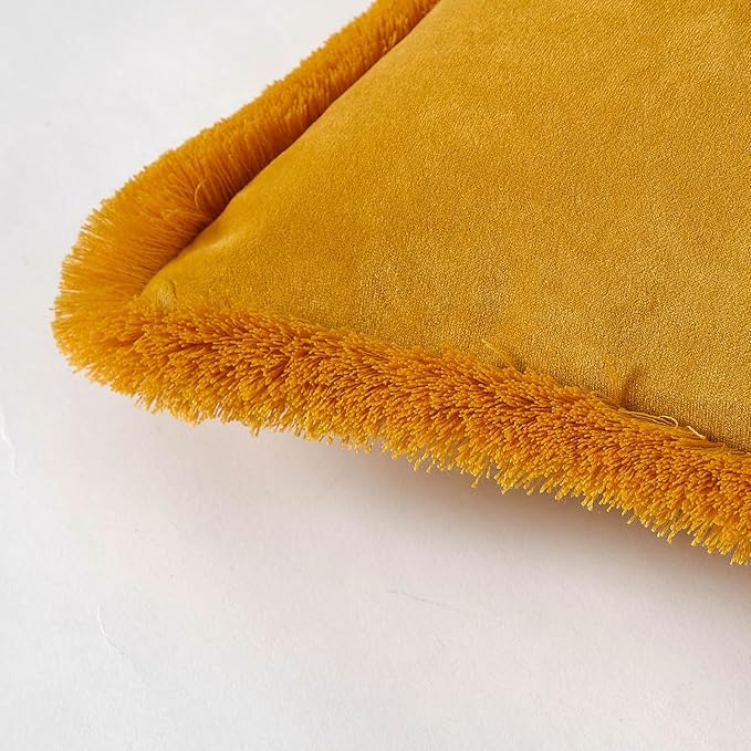 JUSPURBET Pack of 2 Gold Decorative Fringe Velvet Lumbar Throw Pillow Covers 12x20 for Home Decor Living Room Bedroom Car Boho Soft Cushion Cover with Hidden Zipper Machine Washable