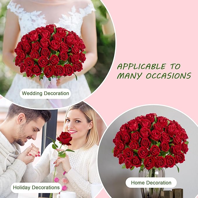 19.6" Artificial Flowers Roses Touch Fake Rose Bouquet Flower Stem for Wedding Centerpieces DIY Wreath Home Decorations Silk Roses Mothers Party Fake Outdoor Flowers Decor(50PCS Red)