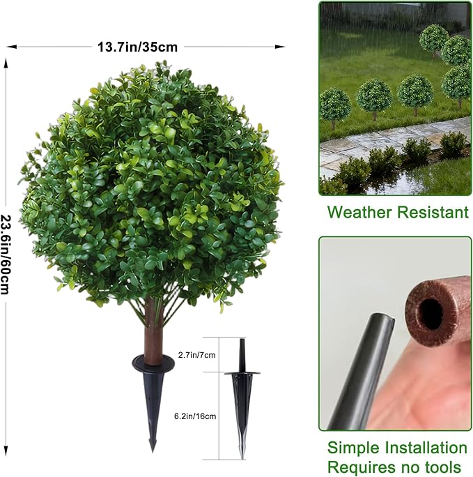 23.6" Artificial Boxwood Topiary Ball Trees, 2 Pack UV Resistant Artificial Plants Outdoor, Boxwood Balls with Ground Spike, Fake Plants for Front Porch Decor, Outdoor, Indoor (Green)