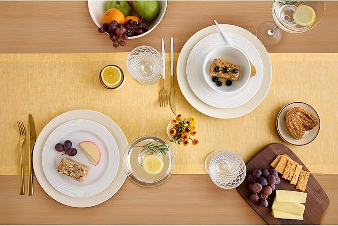 Solino Home Linen Table Runner 120 Inches Long - Athena, 100% Pure Linen Chambray Mustard Yellow Table Runner 14 x 120 Inch for Dining, Spring, Easter