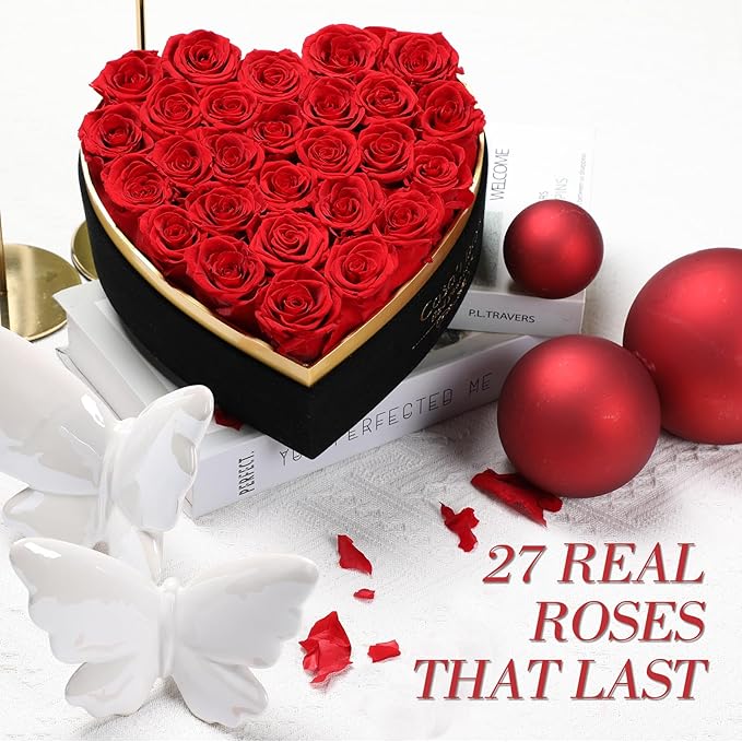 Preserved Roses Flowers for Delivery 27 Pcs, Forever Flores in Heart Box with Necklace, Eternal Rose Anniversary Birthday Gift for Women Wife Girlfriend, Rosas for Valentines Christmas, Red