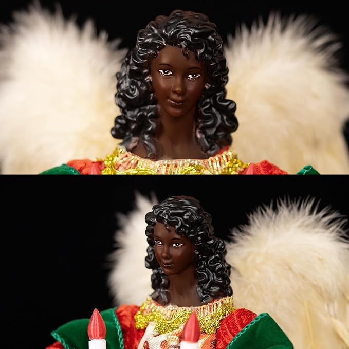 Moving Black Angel Tree Topper with Lights, 12-Inch Red Cloth Lighted African American Decoration Holding Candles, Plug in and Battery Operated, Long Power Cord