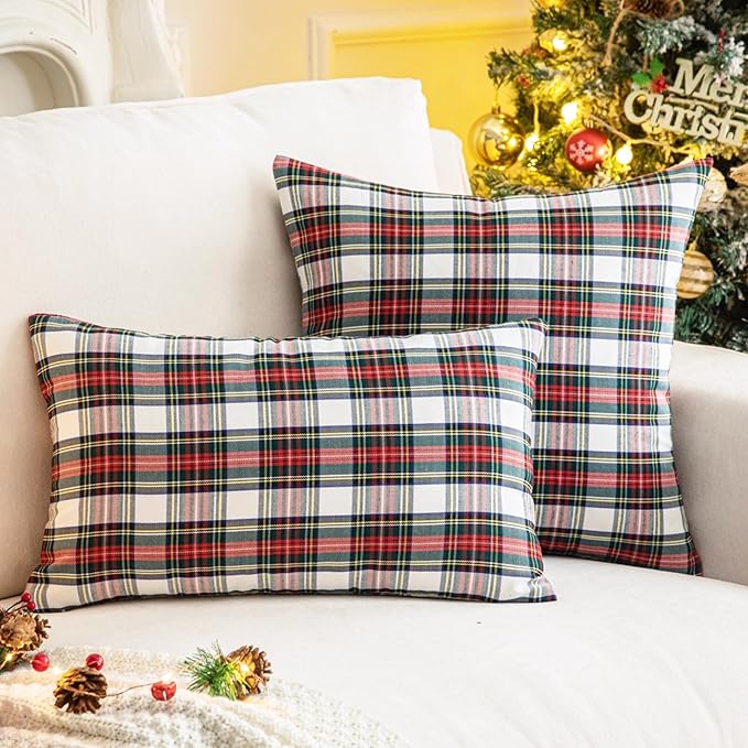 AQOTHES Pack of 2 Christmas Plaid Decorative Throw Pillow Covers Scottish Tartan Cushion Case for Farmhouse Home Holiday Decor Red and White, 20 x 20 Inches