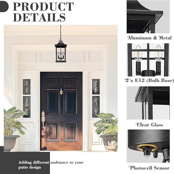 Emliviar Dusk to Dawn 2-Light Large Porch Light Outside Chandelier for Yard, 15.4" Black Hanging Lantern Light Fixture with E12 Base, Clear Glass, YXE306H-M-PC BK