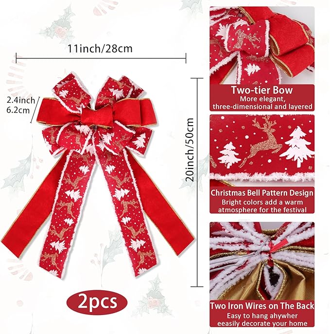 RECUTMS 2 Pieces Christmas Bows Red Christmas Tree Topper Wreath Bows with Xmas Tree Patterns Two-Tier Christmas Bow Decoration for Winter Holiday Xmas Gift Party Seasonal Indoor Outdoor Decor