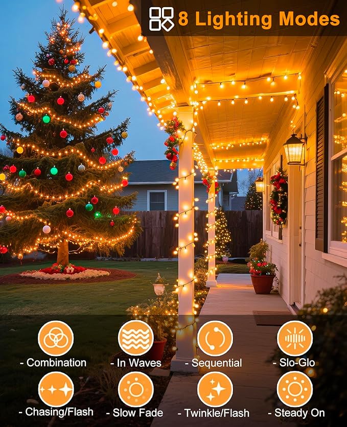 40FT 120 LED Christmas Lights Outdoor, Warm White Christmas String Lights with 8 Modes & Waterproof, Connectable Plug in Christmas Tree Lights for Indoor Bedroom Yard Holiday Decorations