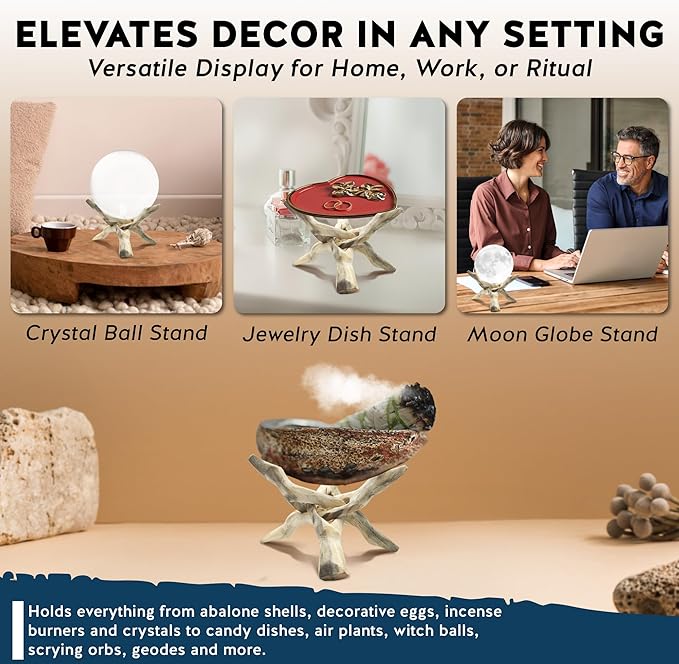 Alternative Imagination Wooden Tripod Display Stand - 6-Inch Hand Carved Holder Made from Mango Wood -Folding Natural Stand for Abalone Shell, Crystal Ball, Key Bowl,Trinket Dish, Incense,Decor & More