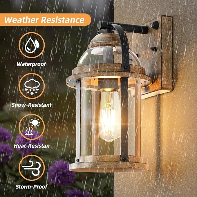 OKELI Dusk to Dawn Outdoor Wall Lights, Waterproof Lighting Fixtures Rustic Farmhouse Wall Lanterns with Clear Glass Shades Anti-Rust Outside Lights for Garage Patio Porch(Wood Grain, 1 Pack)