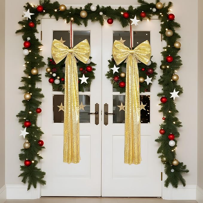 PartyDelight Christmas Tree Topper Bow Decor Gold Sequin Large Bow 16x47 Inchs Ribbon Tie for Xmas Birthday Party Room Decorations Coquette Backdrop Wall Decors