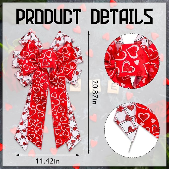 Large Wreath Bow, Large Red White Plaid Burlap Bow with Heart Decorations, 11.42"x20.87" Bow for Wreath Tree Topper Wedding Party Indoor Outdoor Romantic Home Decor