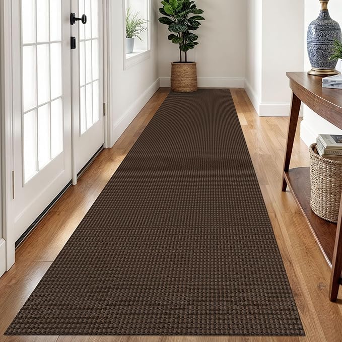 Braided Runner Rug 2.6x12 Ft Washable Runners for Hallways Non Slip Rubber Backed Kitchen Runners Cotton Extra Long Entryway Runner Indoor, Woven Carpet for Hall Entryway, Brown