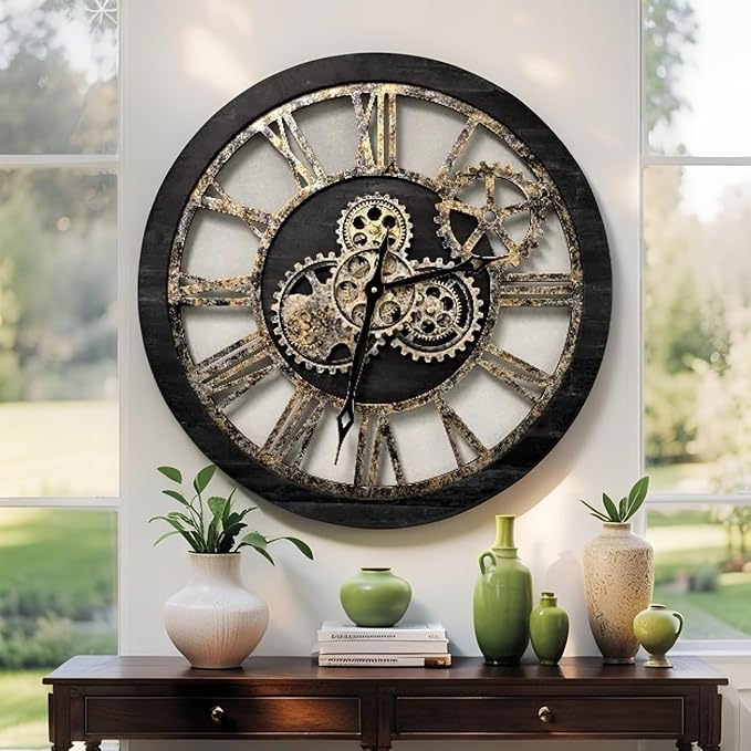 ImprovingLife The Gears Clock The Original Real Moving Gear Wall Clock Vintage Industrial Oversized Rustic Farmhouse (24 inch (60cm), Vintage Black Wood and Bronze)
