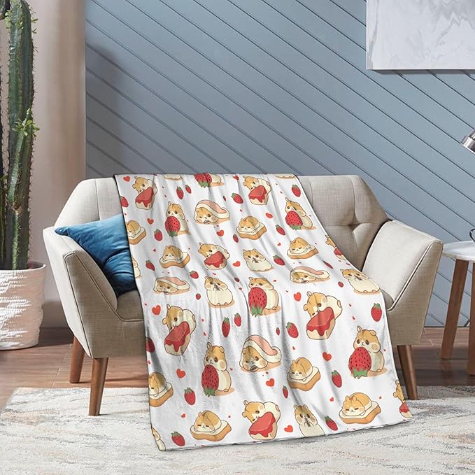 Hamster Strawberry Throw Blanket Soft Plush Fleece Blankets Warm Cozy Lightweight Fuzzy Blanket for Bed Sofa Couch Home Decor 60"X50"