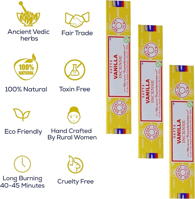 Satya Nagchampa Vanilla Incense Sticks, Satya Bng (Bangalore) Insenses 15gmx3 Pack (45 GMS) with Raajsee Incense Holder Bundle, Satya Nagchampa Natural Incense