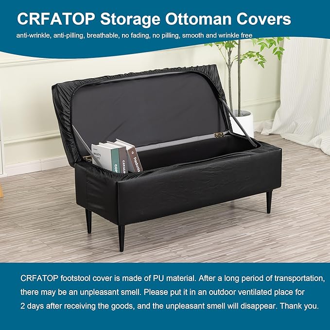 CRFATOP Waterproof PU Ottoman Stool Cover Stretch Folding Storage Footstool Bench Slipcovers Upholstered Foot Chest Chair Covers Washable Entryway Furniture Protector with Elastic Bands,M,Black