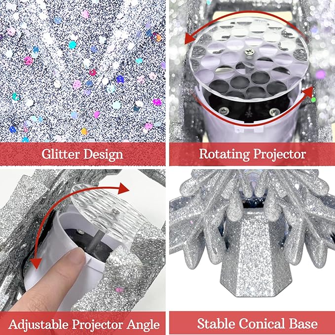 Christmas Tree Topper Lighted - Glitter Christmas Snowflake Tree Topper with Built-in LED Rotating Projector - Dynamic Snowflake Projection for Christmas Decorations（Sliver）
