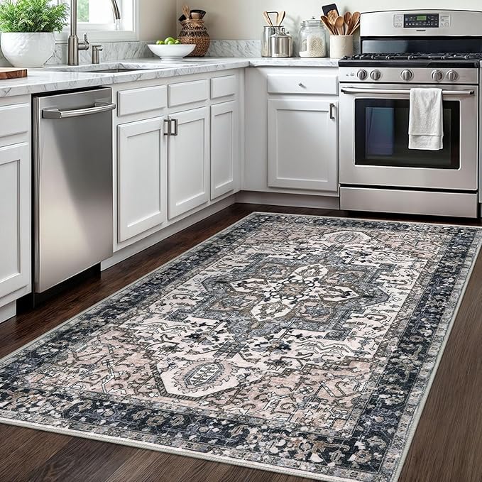 KOZYFLY Area Rug 4x6 Ft Washable Rugs for Entryway Non Slip Faux Wool Printed Throw Rug for Kitchen Bedroom Hallway Living Room Indoor Floor Decoration, Black/Taupe/Beige