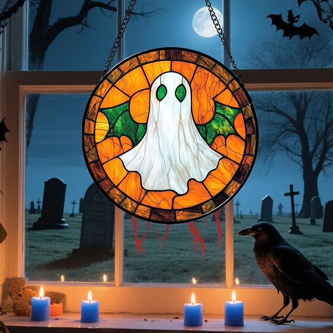 Stained Glass Window Hanging - Halloween Decorations Bat Wings Ghost Suncatcher for Doors Garden Indoor Spooky Funny Sun Catchers Gothic Decor Horror Gifts for Women Men Friend 15 in