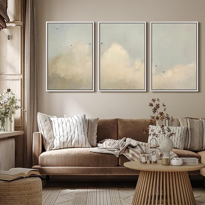 MUDECOR Framed Wall Art Print Set Minimalist Serene Sky with Birds Illustrations Modern Art Boho Decorative Colorful Chic for Living Room, Bedroom, Office - 24"x36"x3 White
